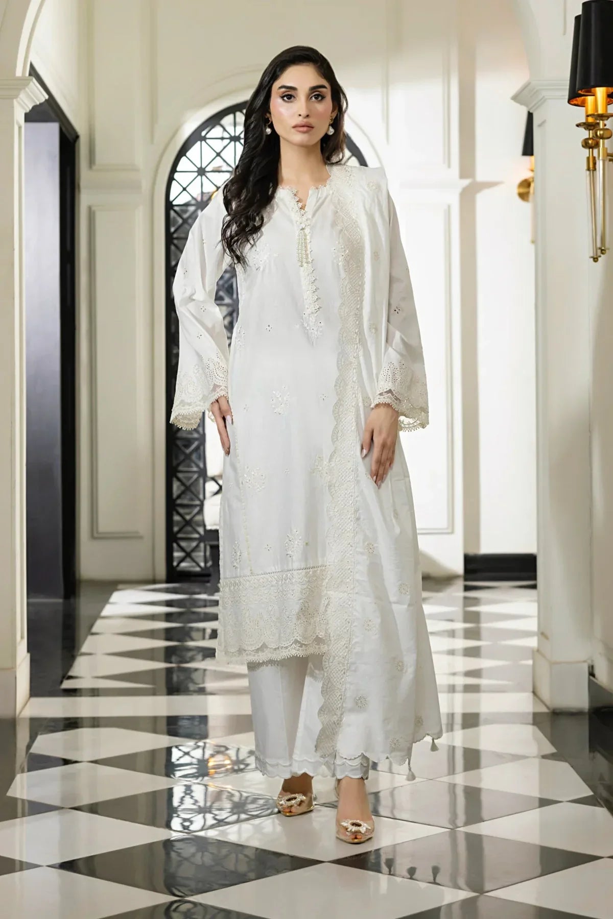 chinese dress ladies AZIRA – White Chiffon Pakistani Dress with Crystal Embroidery – Shireen  Lakdawala main image 0