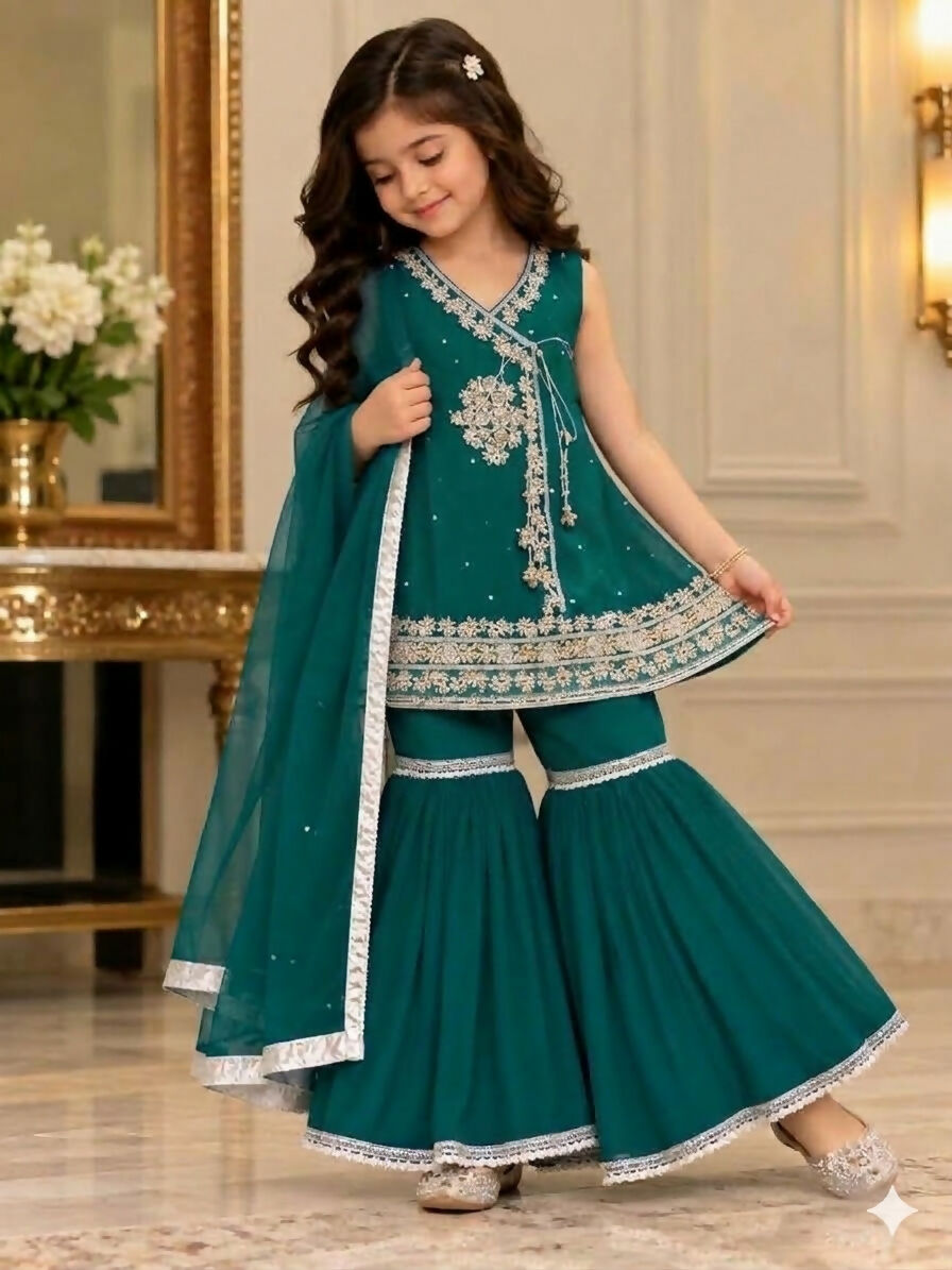 J Pardesi Teal Twinkle 3-piece chiffon outfit for girls with silver embroidery, matching pants and dupatta