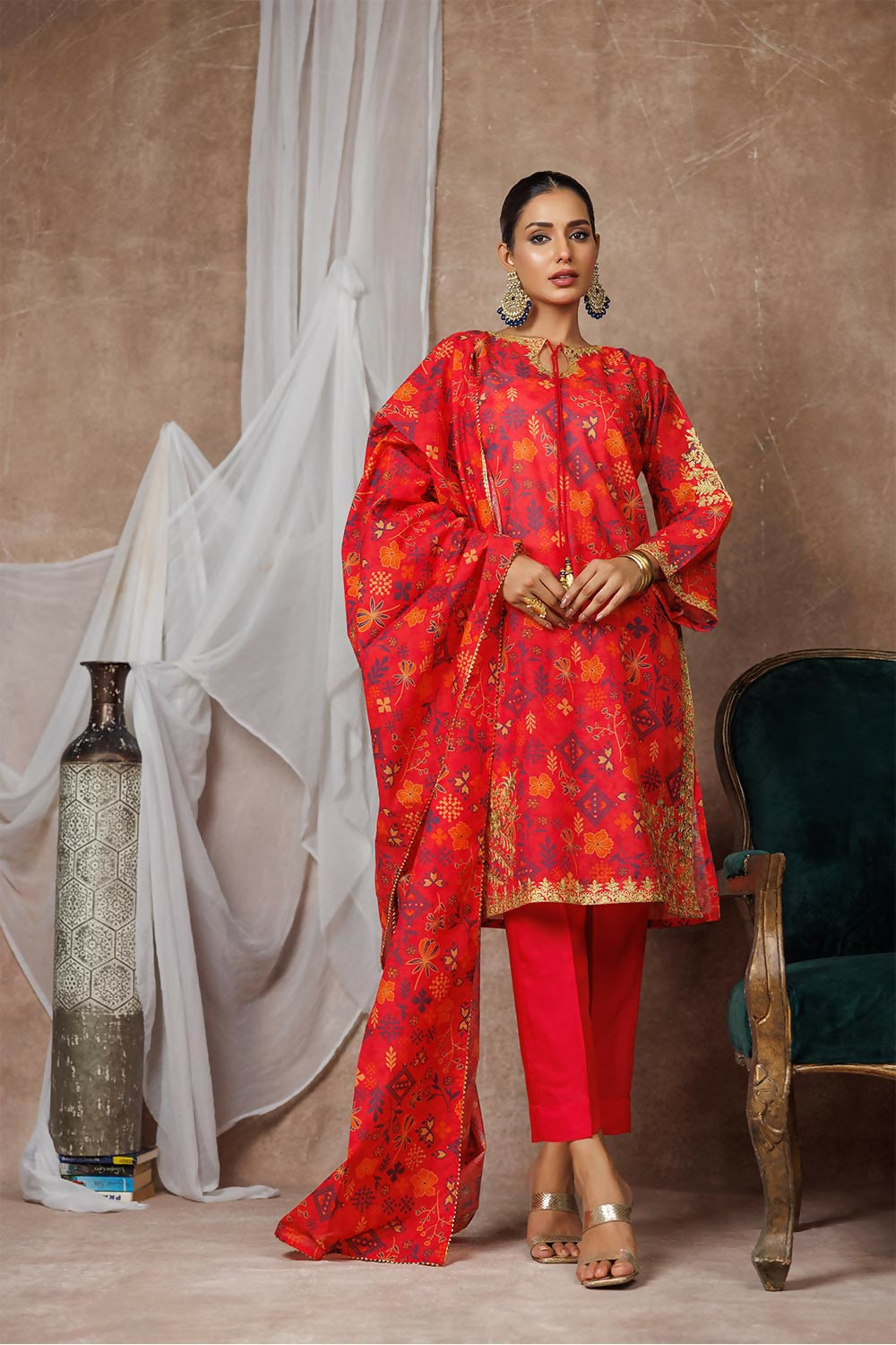 Senorita 3-Piece red kurta set with gold floral print, gold border, and matching dupatta and pants.