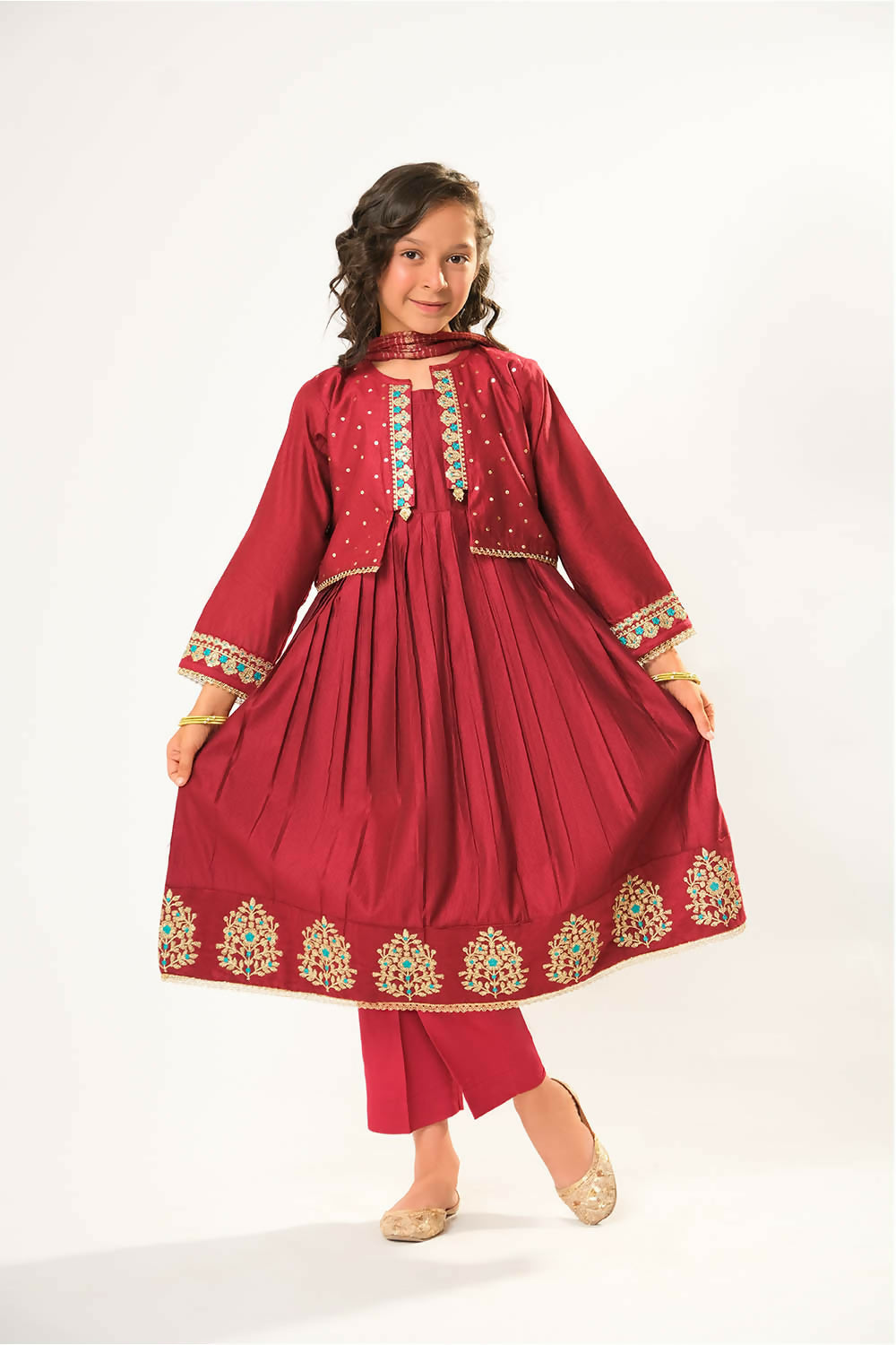 Senorita KDD-03070 red 3-piece formal suit with turquoise-gold embroidery, pleated kurta and matching pants