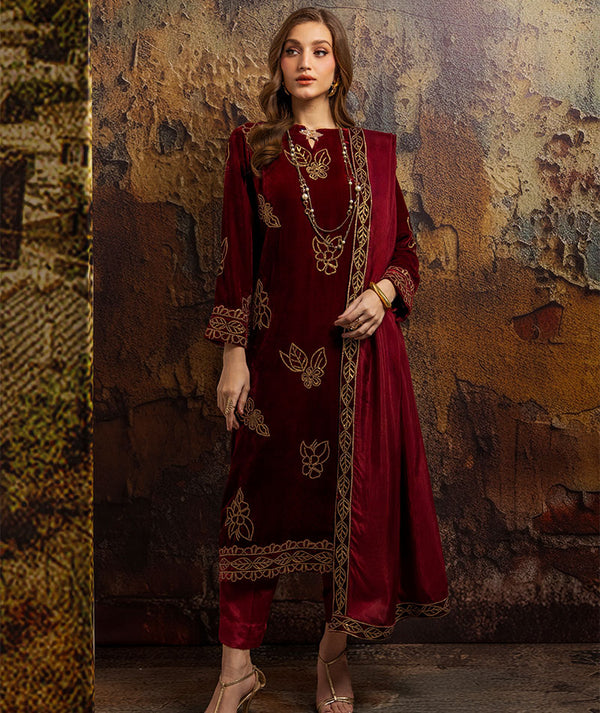 Merakish - Wine Maroon Three Piece Velvet Suit