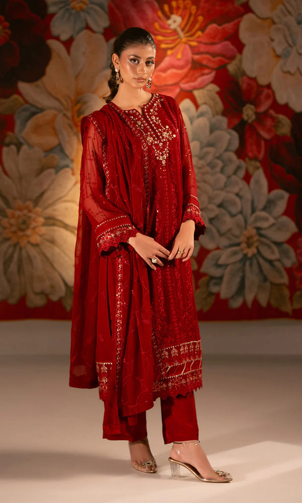 Shamooz - Raspberry Three Piece Embroidered Chiffon