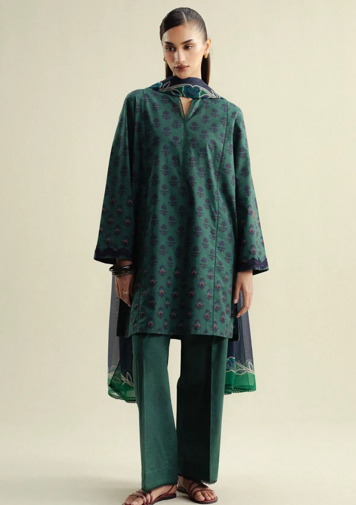 Zara Shahjahan - Coco-10A-Willow 3 Piece Printed Cambric