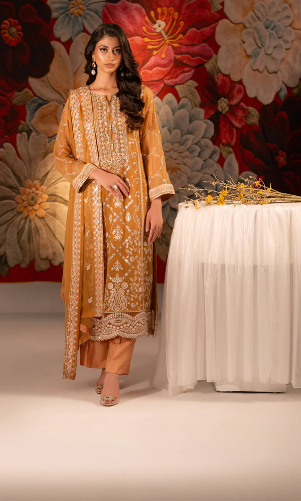 Shamooz - Salmon Three Piece Embroidered Chiffon