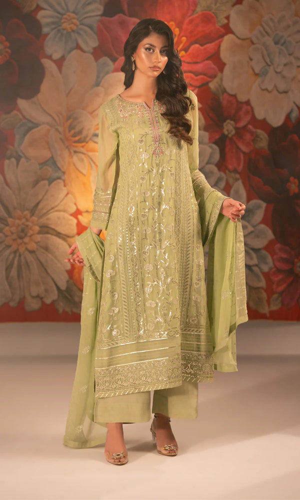 Shamooz - Sage Three Piece Embroidered Chiffon