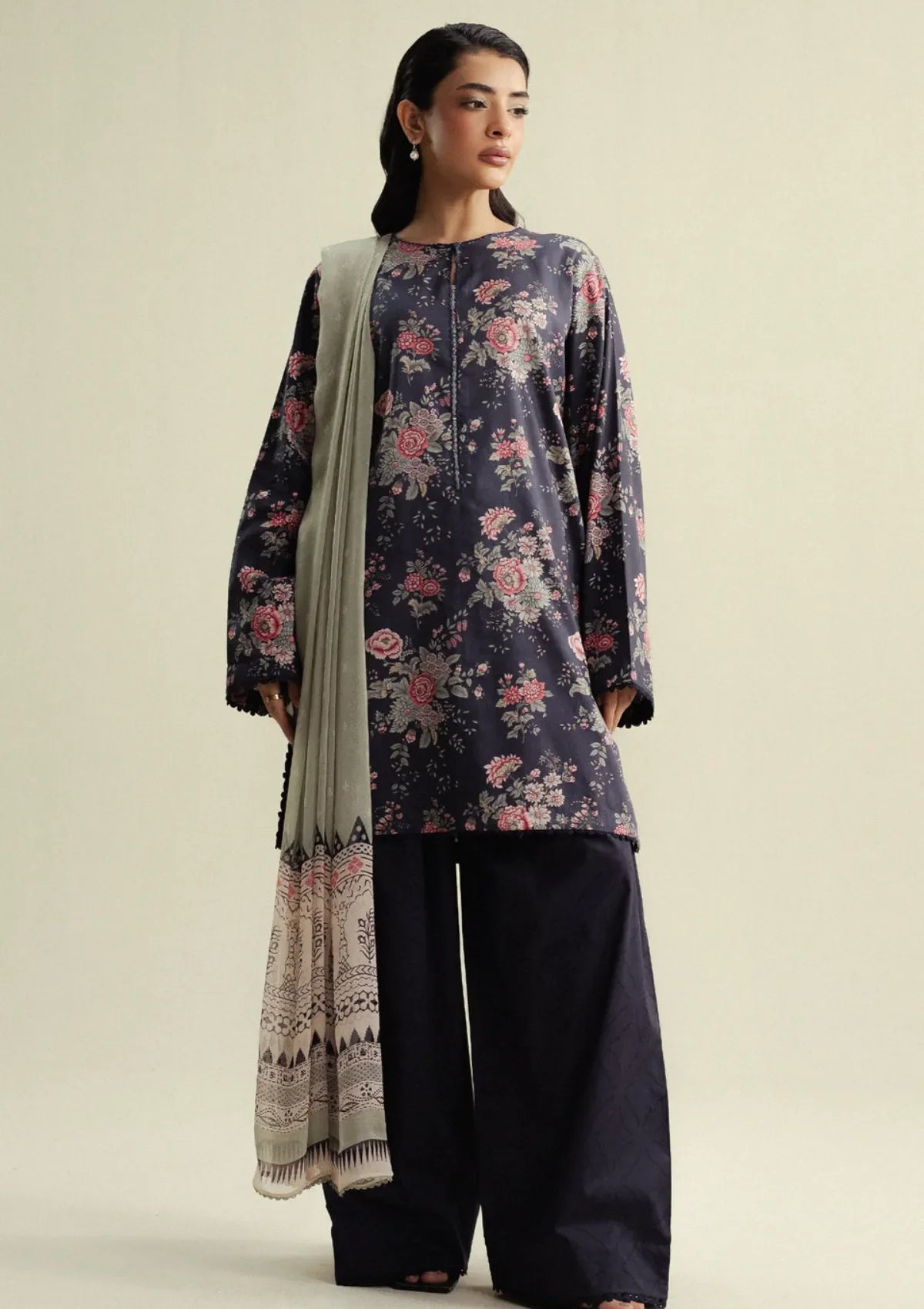 Zara Shahjahan - Coco-4A-Aster 3 Piece Printed Cotton Satin