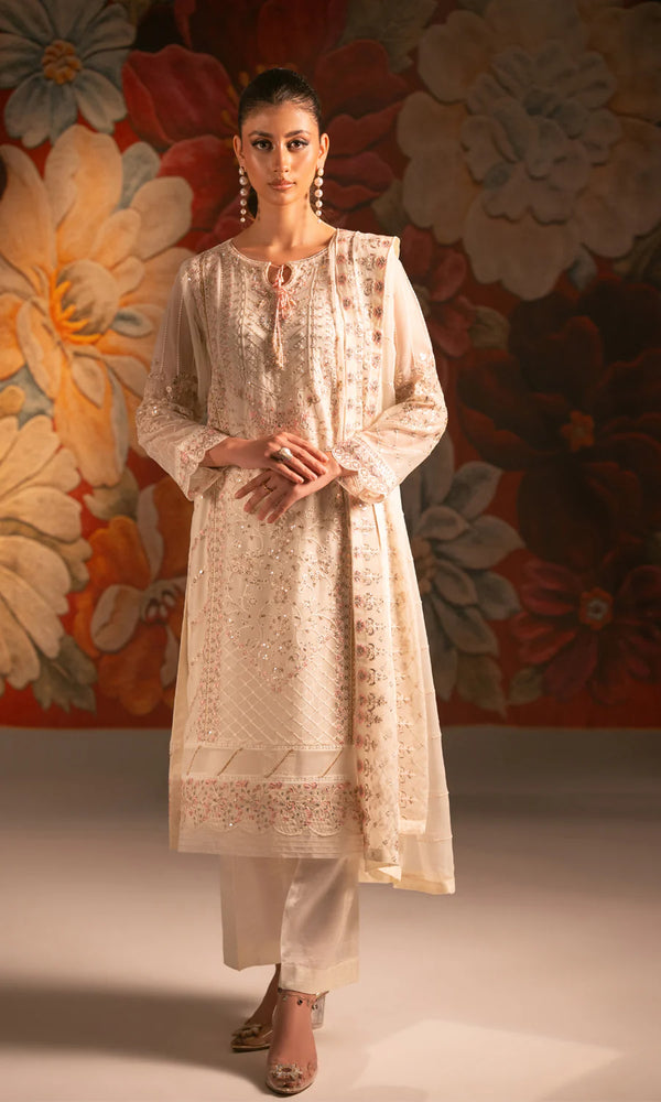 Shamooz - Ecru Three Piece Embroidered Chiffon