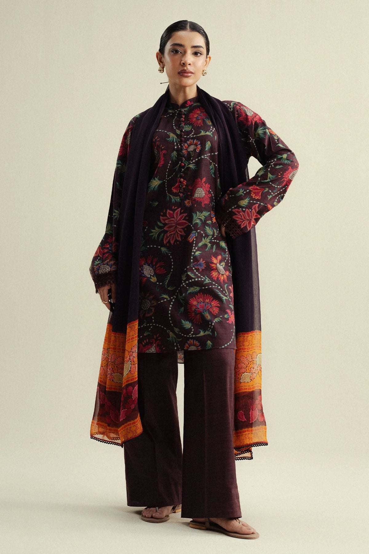 Zara Shahjahan - Coco-1A-Meadow 3 Piece Printed Slub Cotton