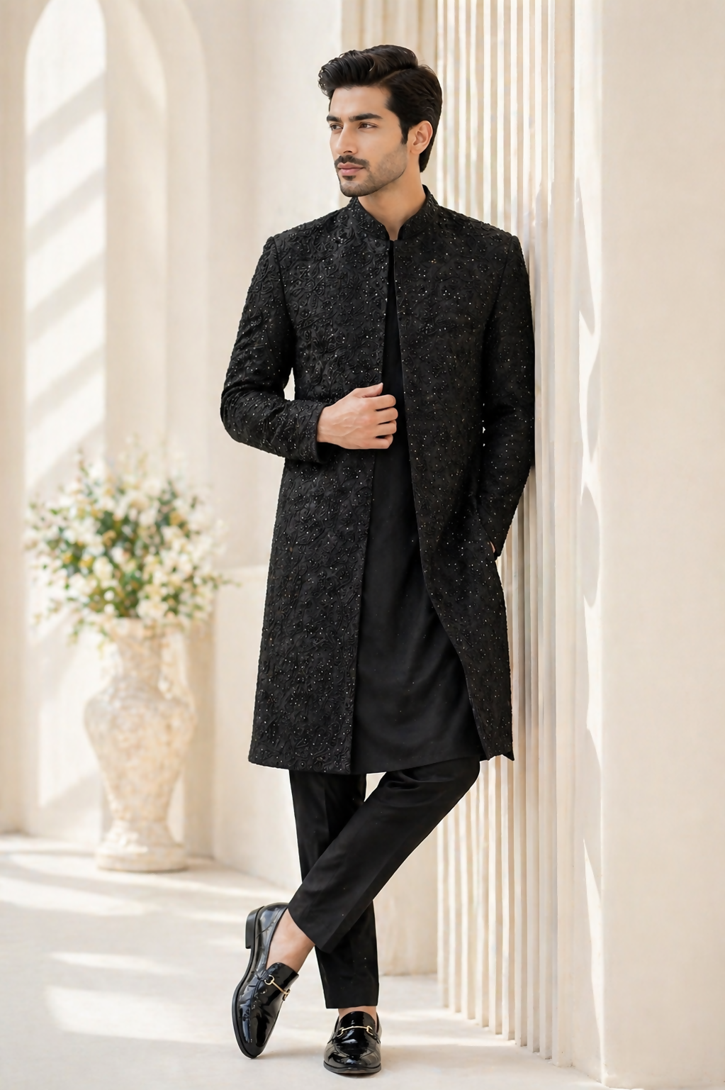 J Pardesi Raees Black Embroidered Sherwani – String & Thread