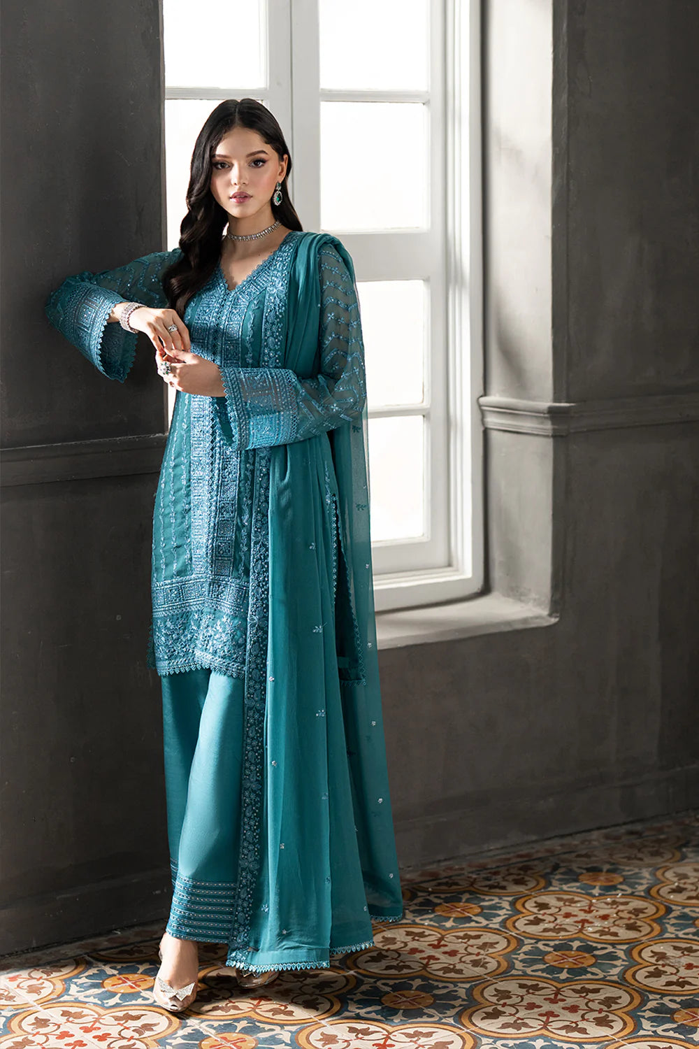 Azure - Minted Sage 3 Piece Embroidered Chiffon – String & Thread