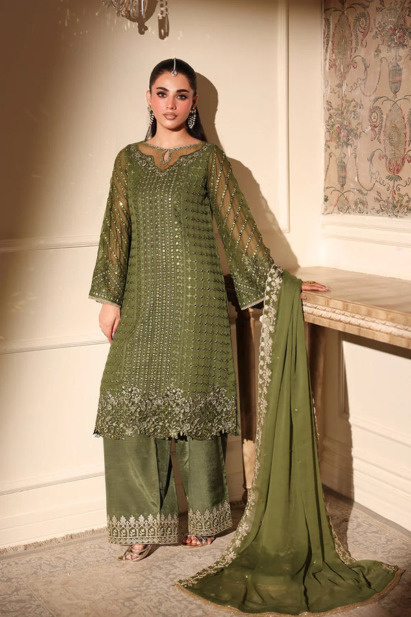 Azure - Moss Glow Three Piece Embroidered Chiffon