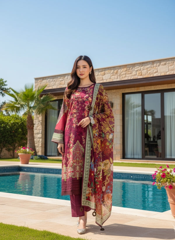 Menaal - DP-01B Three Piece Printed Lawn