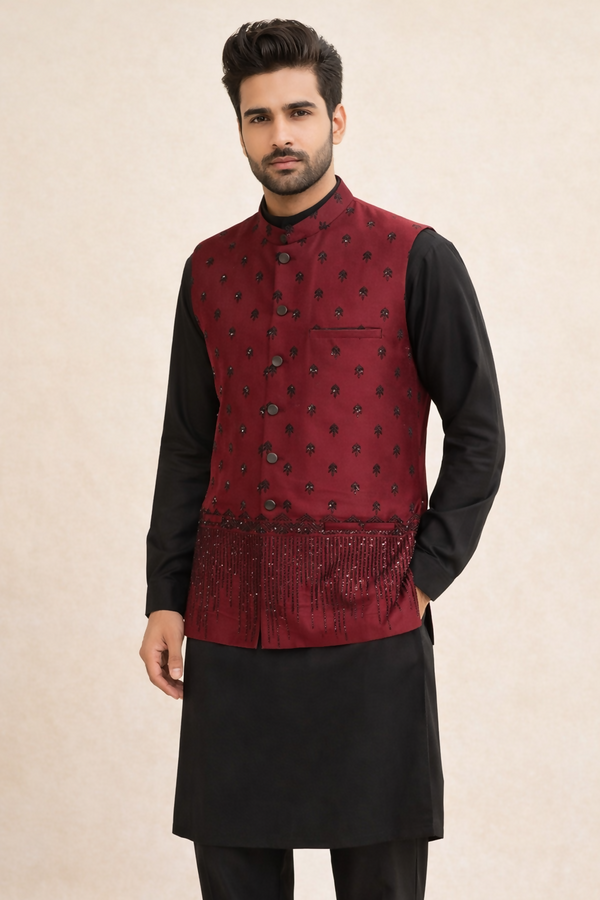 J Pardesi - Maroon Noir Waistcoat