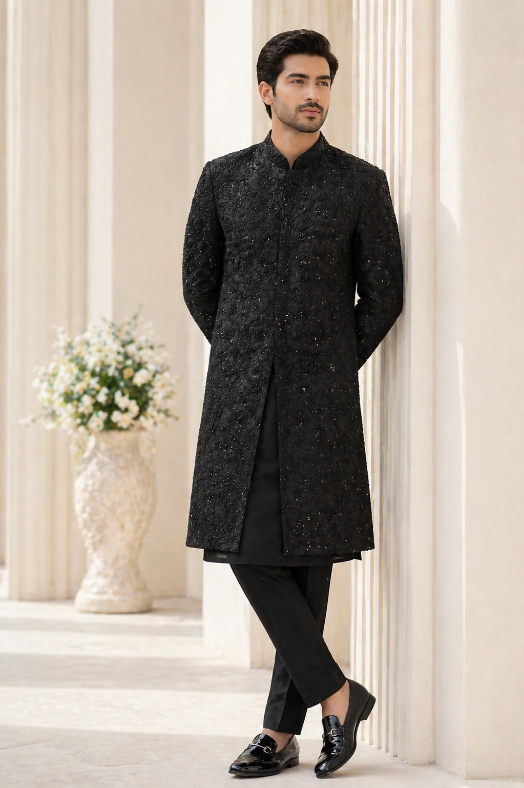 J Pardesi Raees Black Embroidered Sherwani – String & Thread