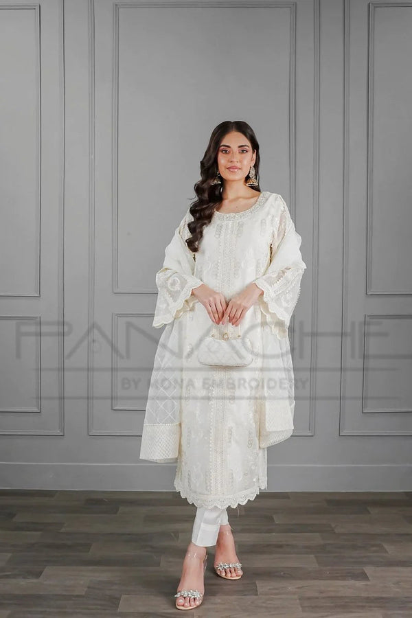 pakistani casual dresses in white colour AZIRA White Chiffon Pakistani Dress with Crystal Embroidery Shirt Pant & Dupatta / L