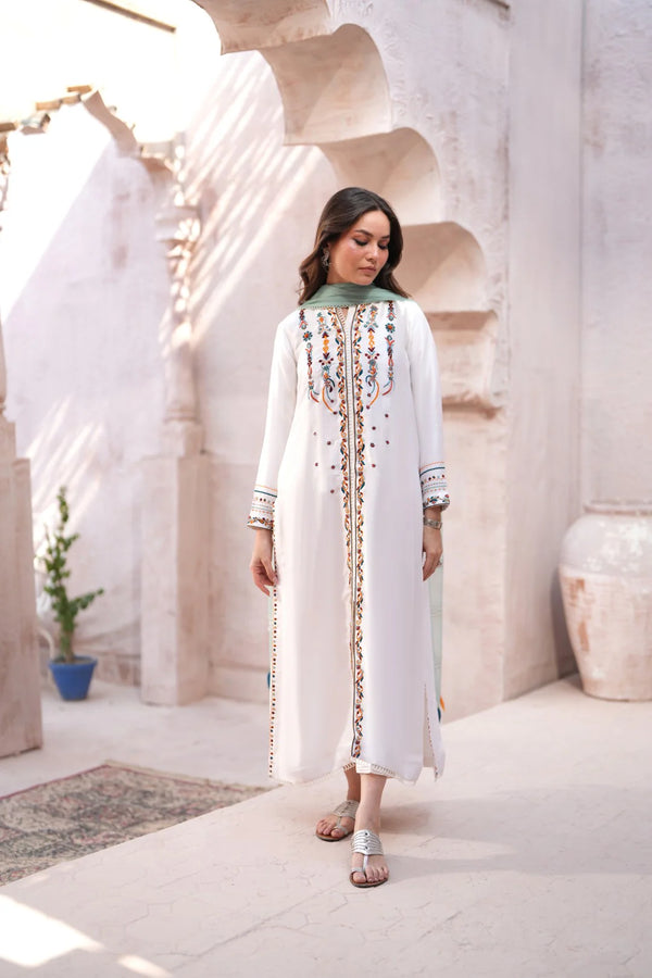 chinese dress ladies Pakistani White Dress With Silver Embellishment Online 2021 – Nameera by  Farooq main image 0