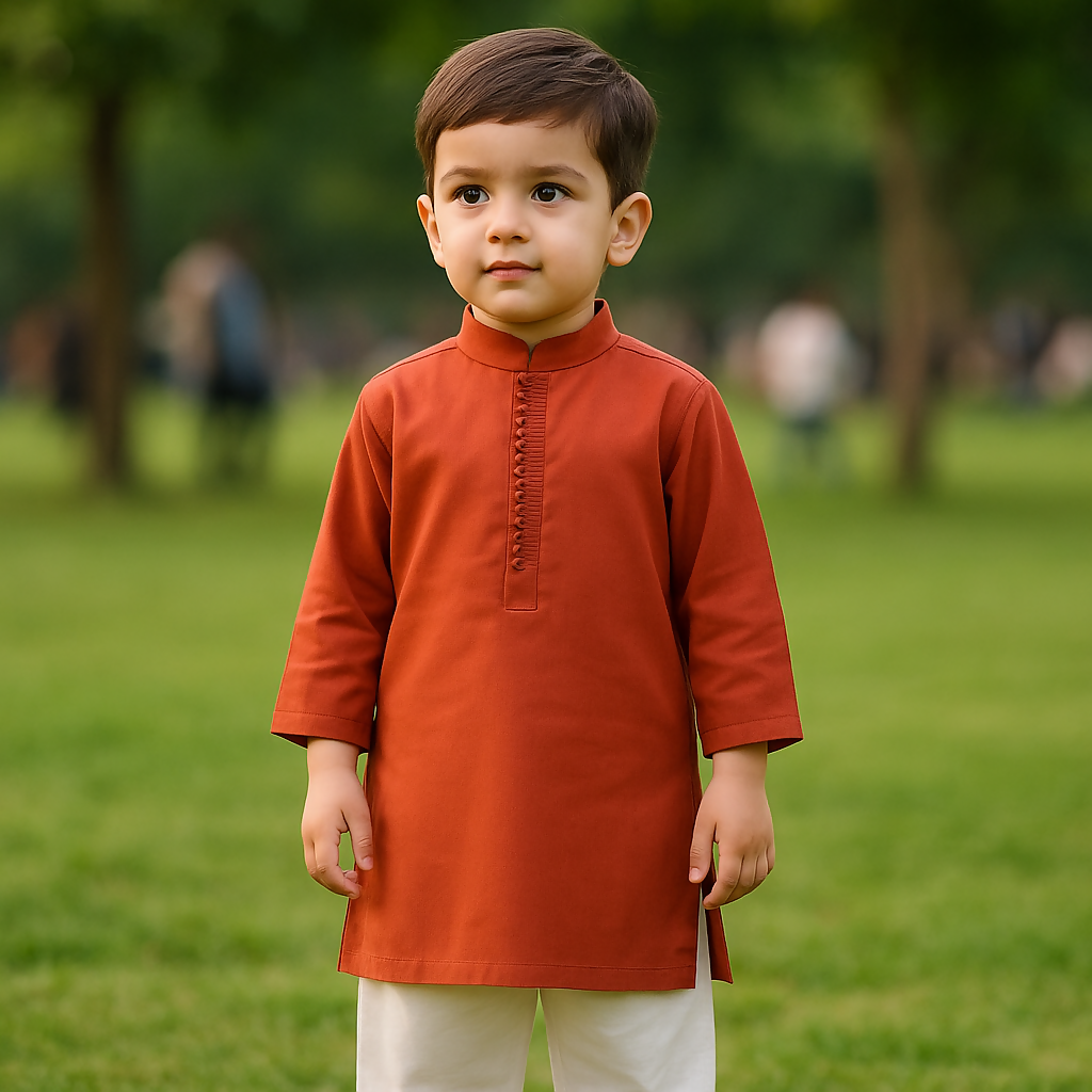 Dimple Thread Cotton Dimples Rust 2 Piece Kurta Set For Kids – String & Thread